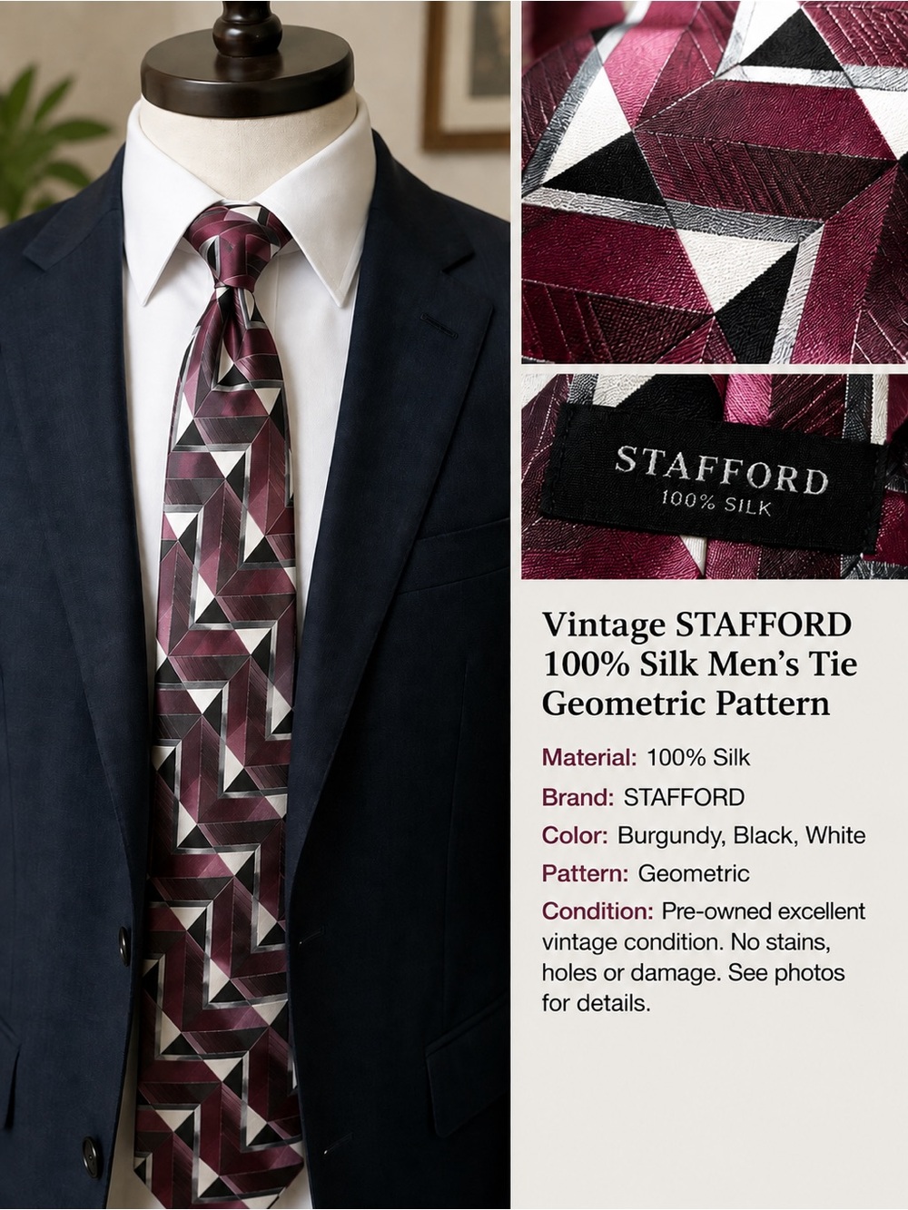 STAFFORD Burgundy, Black & White Geometric Silk Tie